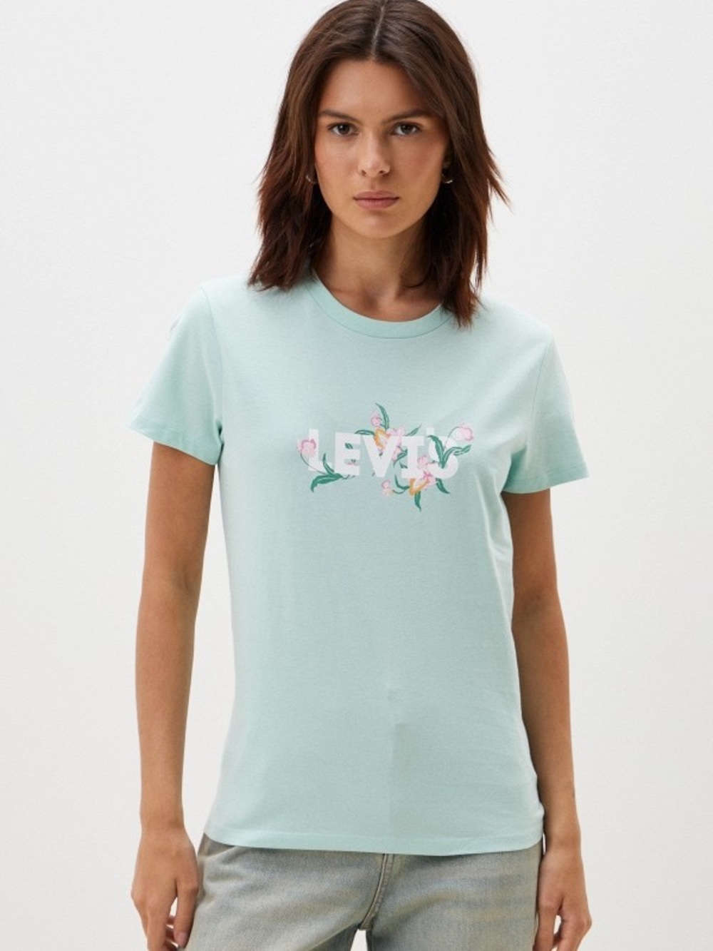 Levi’s Women’s Floral Logo Graphic Tee Light Teal 100% Cotton Size XS Relaxed